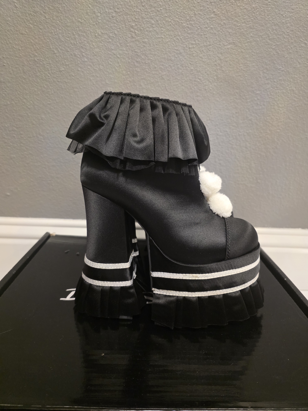 Dolls Kill Black Clown Platform Ruffle Ankle Boots with Pom Pom Accent